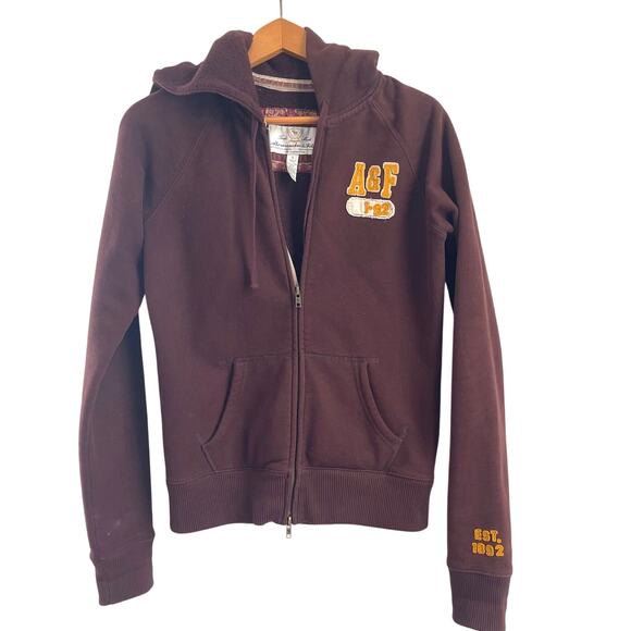 Vintage Y2K Abercrombie & Fitch Brown Hoodie Large Embroidered Logo Double Zip - Picture 1 of 10